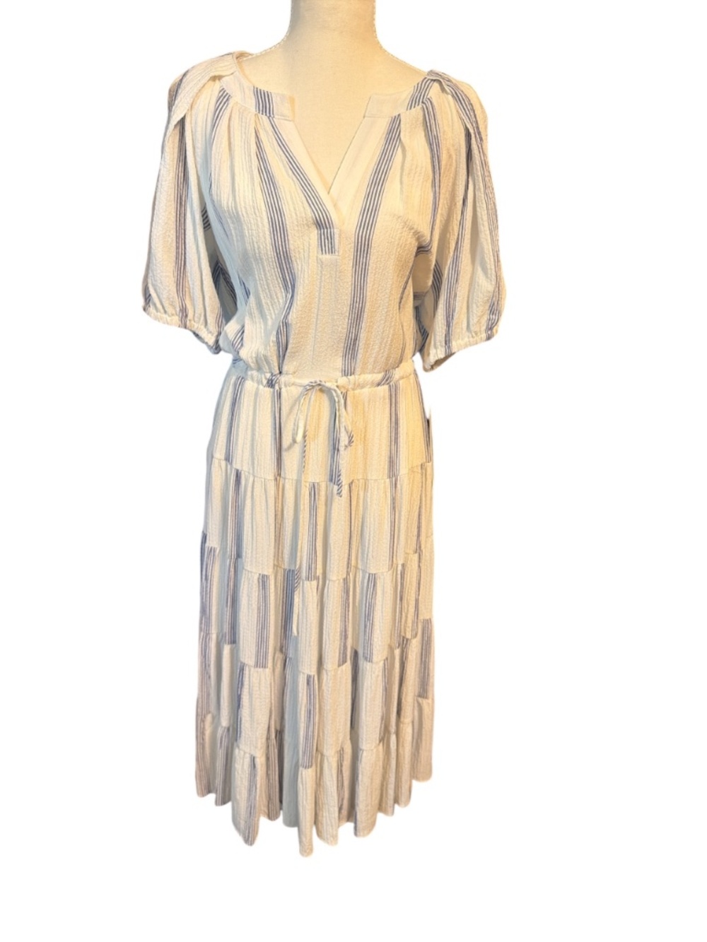 NWT Calvin Klein Blue Stripe Tiered Midi Dress Tie Waist Size 6